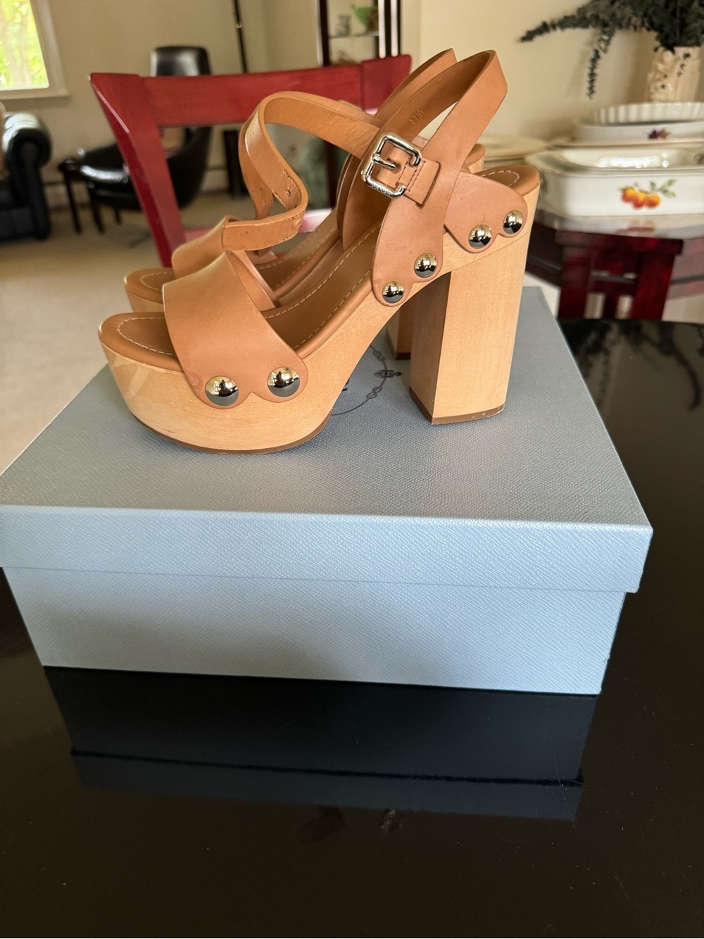 Prada Brown Leather Platform Block Heel Sandals - Picture 2 of 6